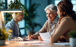 Femme senior souriante discutant des options d'assurance santé avec un conseiller assis à un bureau moderne, documents posés sur la table, lumière douce et volumétrique, tons bleus et beiges chaleureux, ambiance professionnelle et rassurante.