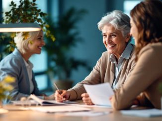 Femme senior souriante discutant des options d'assurance santé avec un conseiller assis à un bureau moderne, documents posés sur la table, lumière douce et volumétrique, tons bleus et beiges chaleureux, ambiance professionnelle et rassurante.
