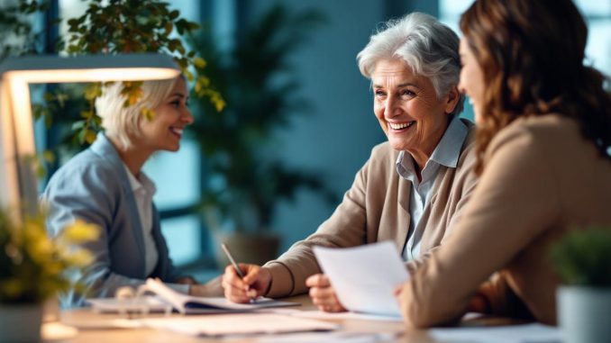 Femme senior souriante discutant des options d'assurance santé avec un conseiller assis à un bureau moderne, documents posés sur la table, lumière douce et volumétrique, tons bleus et beiges chaleureux, ambiance professionnelle et rassurante.