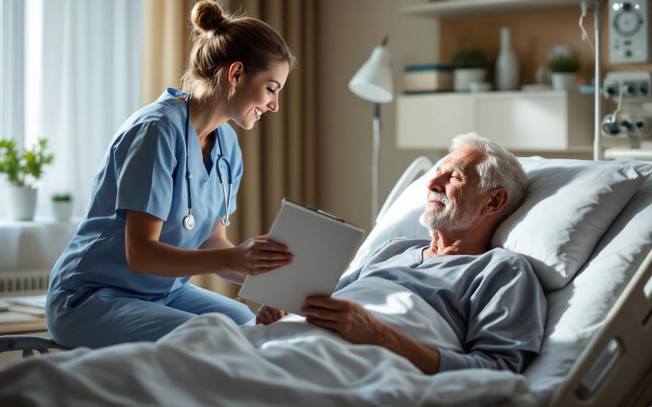 Homme âgé allongé dans un lit d'hôpital dans une chambre privée, discutant avec une infirmière attentive, lumière douce du matin filtrant par la fenêtre, atmosphère calme et chaleureuse.