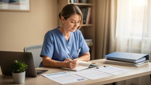 Une infirmière libérale en tenue professionnelle consulte des documents de prévoyance à son bureau, dans une ambiance sobre et réaliste.