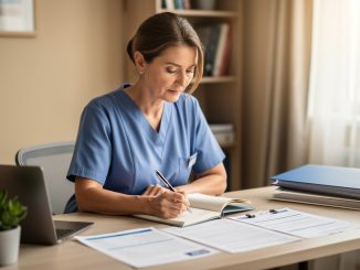 Une infirmière libérale en tenue professionnelle consulte des documents de prévoyance à son bureau, dans une ambiance sobre et réaliste.
