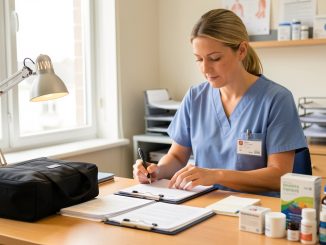 Une infirmière libérale prépare son installation dans un bureau médical lumineux : elle range des documents, ajuste une lampe de bureau et organise une mallette de soins sur le bureau.