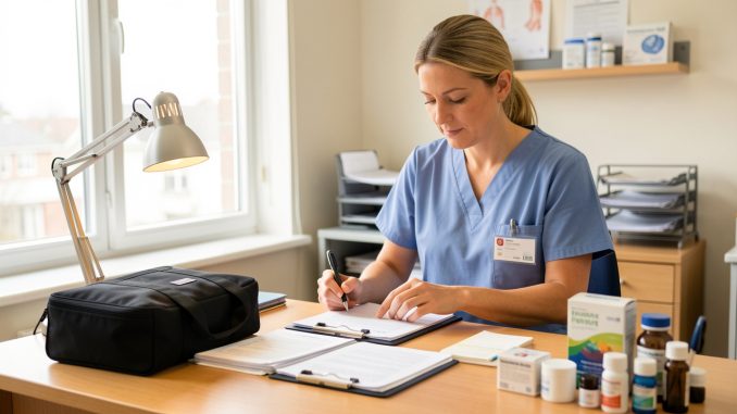 infirmiere-liberale-preparant-son-installation-bureau-medica-rithqx Une infirmière libérale prépare son installation dans un bureau médical lumineux : elle range des documents, ajuste une lampe de bureau et organise une mallette de soins sur le bureau.