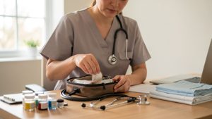 Une infirmière libérale prépare sa tournée à domicile dans un bureau lumineux, organisant son sac médical et son matériel, ambiance professionnelle et rassurante.