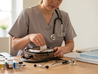 Une infirmière libérale prépare sa tournée à domicile dans un bureau lumineux, organisant son sac médical et son matériel, ambiance professionnelle et rassurante.