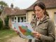 Une femme adulte consulte calmement une carte vierge de services de santé devant une maison de santé accueillante dans un paysage rural français.