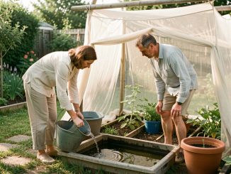 Une femme et un homme en vêtements longs éliminent des eaux stagnantes dans un jardin familial près d'une moustiquaire, dans une ambiance estivale sobre.