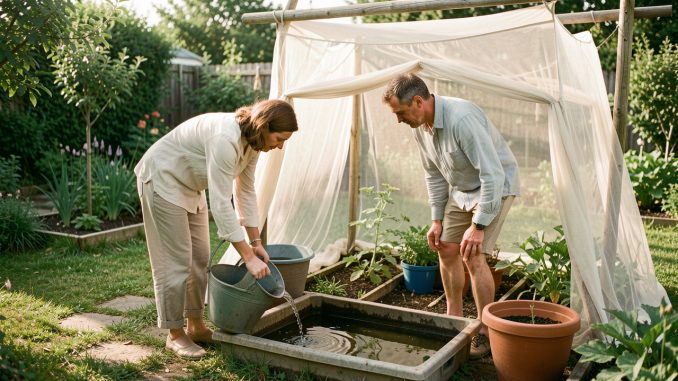 prevention_moustiques_jardin_familial-pye8wf-ocjsch Une femme et un homme en vêtements longs éliminent des eaux stagnantes dans un jardin familial près d'une moustiquaire, dans une ambiance estivale sobre.