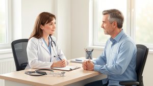 Illustration médicale sobre d’une médecin généraliste échangeant avec un patient adulte dans un cabinet lumineux et rassurant.