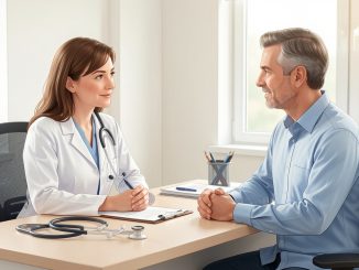 Illustration médicale sobre d’une médecin généraliste échangeant avec un patient adulte dans un cabinet lumineux et rassurant.