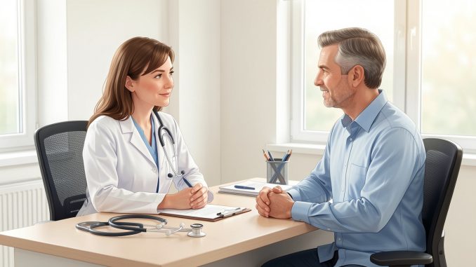 consultation_medicale_rassurante-2gupm8-dy1y74 Illustration médicale sobre d’une médecin généraliste échangeant avec un patient adulte dans un cabinet lumineux et rassurant.