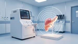 Illustration médicale réaliste d’un échographe ultrarapide dans une salle hospitalière, avec des ondes ultrasonores visibles autour d’un organe anatomique.