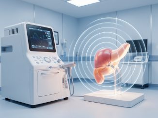 Illustration médicale réaliste d’un échographe ultrarapide dans une salle hospitalière, avec des ondes ultrasonores visibles autour d’un organe anatomique.