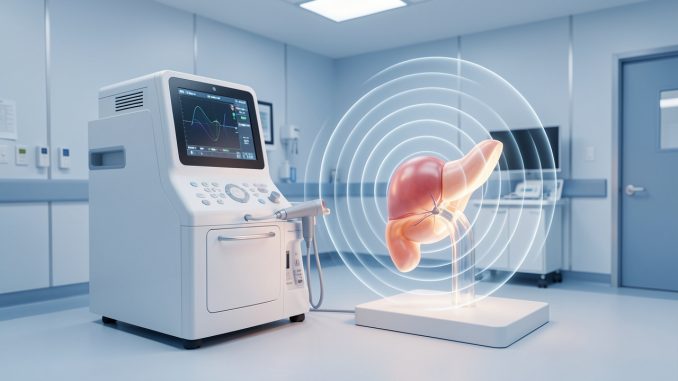 echographe_ultrarapide_service_hospitalier-pp4z6n-vub3dd Illustration médicale réaliste d’un échographe ultrarapide dans une salle hospitalière, avec des ondes ultrasonores visibles autour d’un organe anatomique.