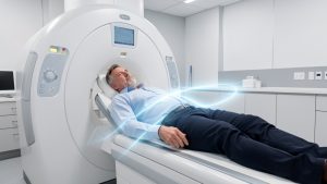 Illustration médicale réaliste d’un homme allongé sur la table d’un scanner dans un hôpital moderne, avec un faisceau de rayons X bleu-blanc représenté de manière sobre autour de son torse.