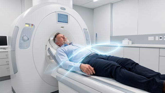patient_scanner_rayons_x_hopital_moderne-d7mz7y-k1yig8 Illustration médicale réaliste d’un homme allongé sur la table d’un scanner dans un hôpital moderne, avec un faisceau de rayons X bleu-blanc représenté de manière sobre autour de son torse.