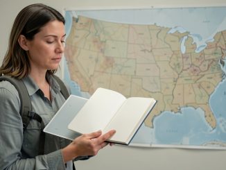 Voyageuse adulte consultant un carnet de vaccination ouvert, avec une carte des États-Unis en arrière-plan dans une illustration médicale sobre et réaliste.