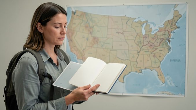 Voyageuse adulte consultant un carnet de vaccination ouvert, avec une carte des États-Unis en arrière-plan dans une illustration médicale sobre et réaliste.