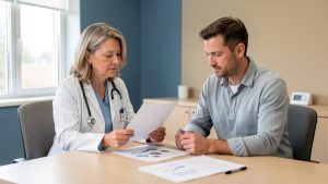 Une médecin et un patient examinent ensemble des documents médicaux vierges dans une ambiance sobre, professionnelle et rassurante.