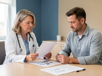 Une médecin et un patient examinent ensemble des documents médicaux vierges dans une ambiance sobre, professionnelle et rassurante.