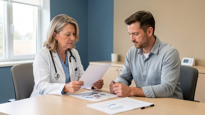Une médecin et un patient examinent ensemble des documents médicaux vierges dans une ambiance sobre, professionnelle et rassurante.