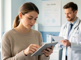 Une jeune femme consulte des informations de santé sur une tablette tandis qu’un médecin souriant apparaît en arrière-plan dans une clinique lumineuse et rassurante.