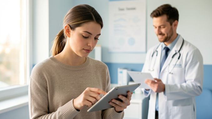 femme_informations_sante_medecin-9e81c2-vkrhhm Une jeune femme consulte des informations de santé sur une tablette tandis qu’un médecin souriant apparaît en arrière-plan dans une clinique lumineuse et rassurante.