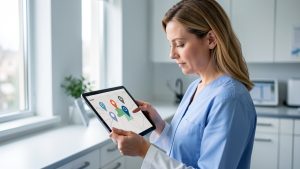Patiente adulte consultant calmement sur une tablette une carte simplifiée indiquant des hôpitaux autour de sa zone géographique, dans une ambiance médicale sobre et rassurante.
