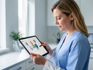Patiente adulte consultant calmement sur une tablette une carte simplifiée indiquant des hôpitaux autour de sa zone géographique, dans une ambiance médicale sobre et rassurante.