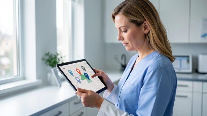 patiente_carte_hopitaux_code_postal-5bdh87-s9txou Patiente adulte consultant calmement sur une tablette une carte simplifiée indiquant des hôpitaux autour de sa zone géographique, dans une ambiance médicale sobre et rassurante.