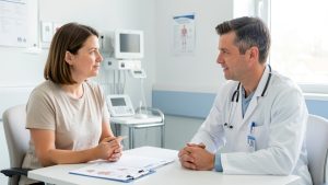 Une patiente adulte échange calmement avec un médecin en oncologie au sujet de l’arrêt du tabac dans une salle de consultation hospitalière lumineuse et rassurante.