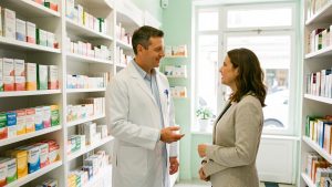 Un pharmacien échange avec une cliente adulte devant un rayon de médicaments sans ordonnance dans une pharmacie française claire et rassurante.