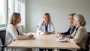 Réunion de prévention santé en entreprise avec une professionnelle de santé et trois salariées d’âges différents échangeant dans une salle de réunion sobre.