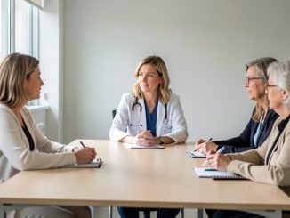 Réunion de prévention santé en entreprise avec une professionnelle de santé et trois salariées d’âges différents échangeant dans une salle de réunion sobre.