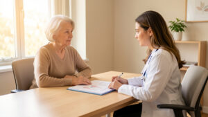 Une femme senior échange sereinement avec une médecin dans un cabinet lumineux, avec un dossier médical fermé sur le bureau.
