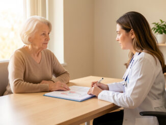 Une femme senior échange sereinement avec une médecin dans un cabinet lumineux, avec un dossier médical fermé sur le bureau.