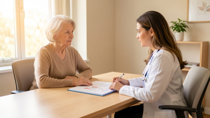 consultation_medicale_femme_senior_cholesterol-psyauo-umn5mw Une femme senior échange sereinement avec une médecin dans un cabinet lumineux, avec un dossier médical fermé sur le bureau.