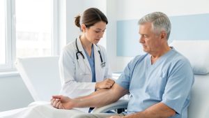 Illustration médicale sobre d’une neurologue examinant doucement le bras d’un patient d’âge moyen dans une salle d’hôpital lumineuse et rassurante.