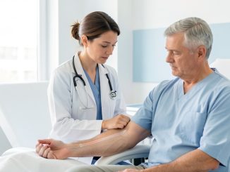 Illustration médicale sobre d’une neurologue examinant doucement le bras d’un patient d’âge moyen dans une salle d’hôpital lumineuse et rassurante.