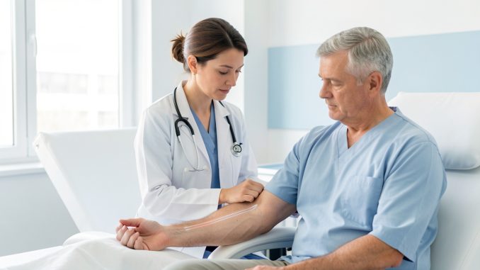 Illustration médicale sobre d’une neurologue examinant doucement le bras d’un patient d’âge moyen dans une salle d’hôpital lumineuse et rassurante.