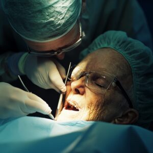 Chirurgien-dentiste réalisant une greffe de gencive sur un patient en cabinet dentaire.