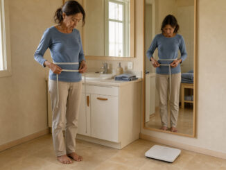 Une femme adulte mesure calmement son tour de taille devant un miroir, avec une balance posée au sol dans une pièce éclairée par la lumière naturelle.