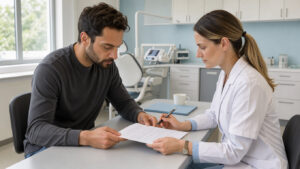 Un patient adulte examine un devis de prothèse dentaire avec une chirurgienne-dentiste dans un cabinet lumineux.