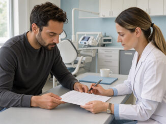 Un patient adulte examine un devis de prothèse dentaire avec une chirurgienne-dentiste dans un cabinet lumineux.