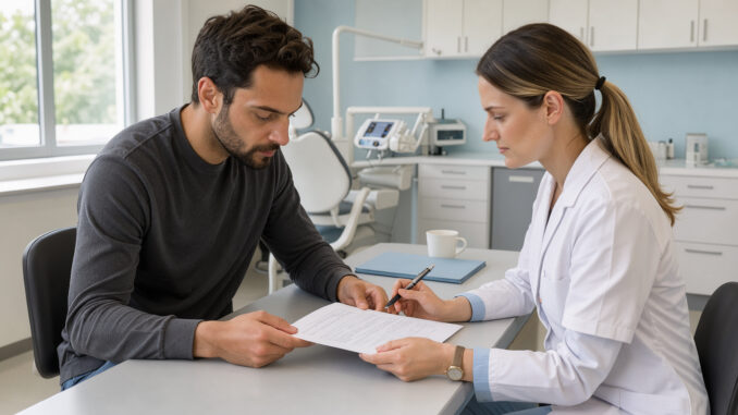 patient_examinant_devis_prothese_dentaire-bc4kix-xi5xwp Un patient adulte examine un devis de prothèse dentaire avec une chirurgienne-dentiste dans un cabinet lumineux.
